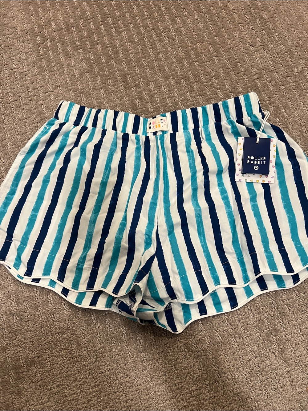 Roller Rabbit White Shorts with Navy and Aqua Stripes